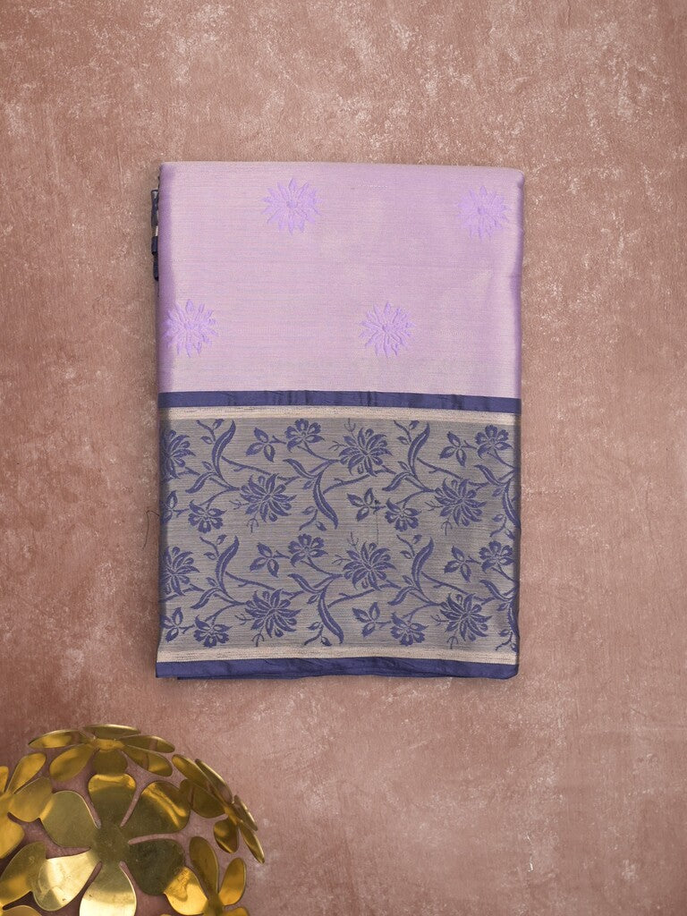 Banaras tissue fancy saree lavender color allover weaves & zari border with running pallu and self blouse
