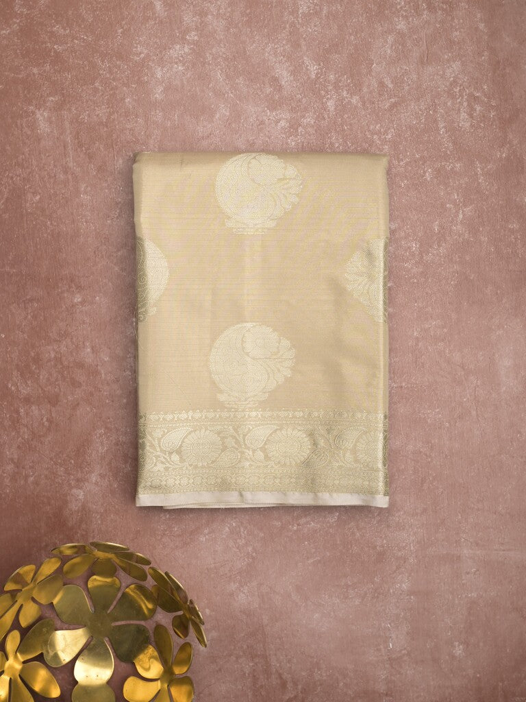 Banaras tissue fancy saree beige color allover weaves & zari border with rich pallu and self blouse