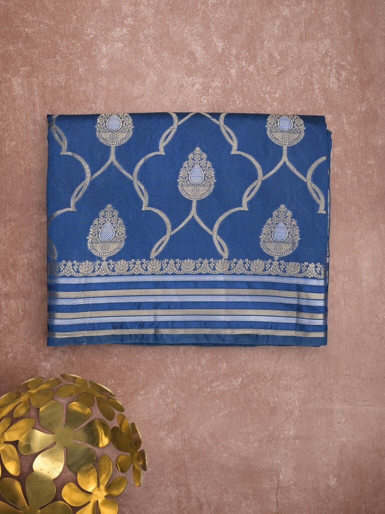 Raw mango fancy saree royal blue color allover zari weaves & zari border with brocade pallu and attached blouse