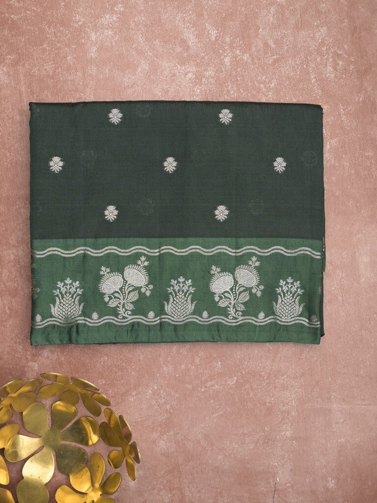 Raw mango fancy saree dark green color allover zari weaves & zari border with zari pallu and attached plain blouse