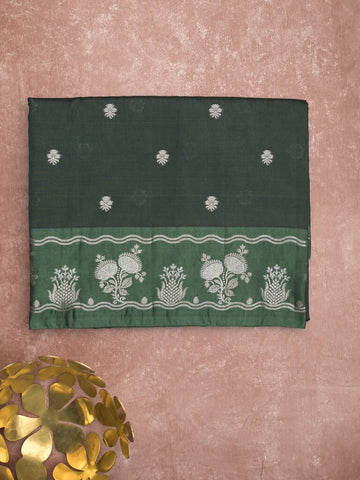 Raw mango fancy saree dark green color allover zari weaves & zari border with zari pallu and attached plain blouse
