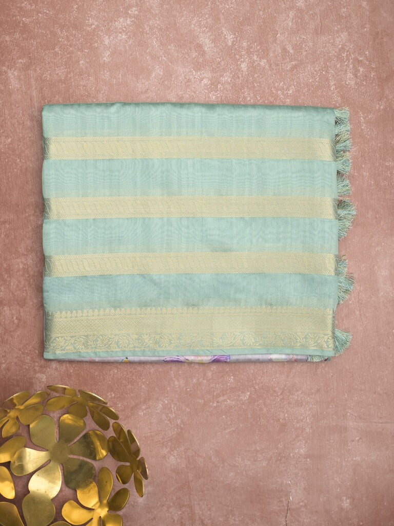 Chanderi fancy saree lux green color allover prints & zari border with printed pallu and contrast blouse