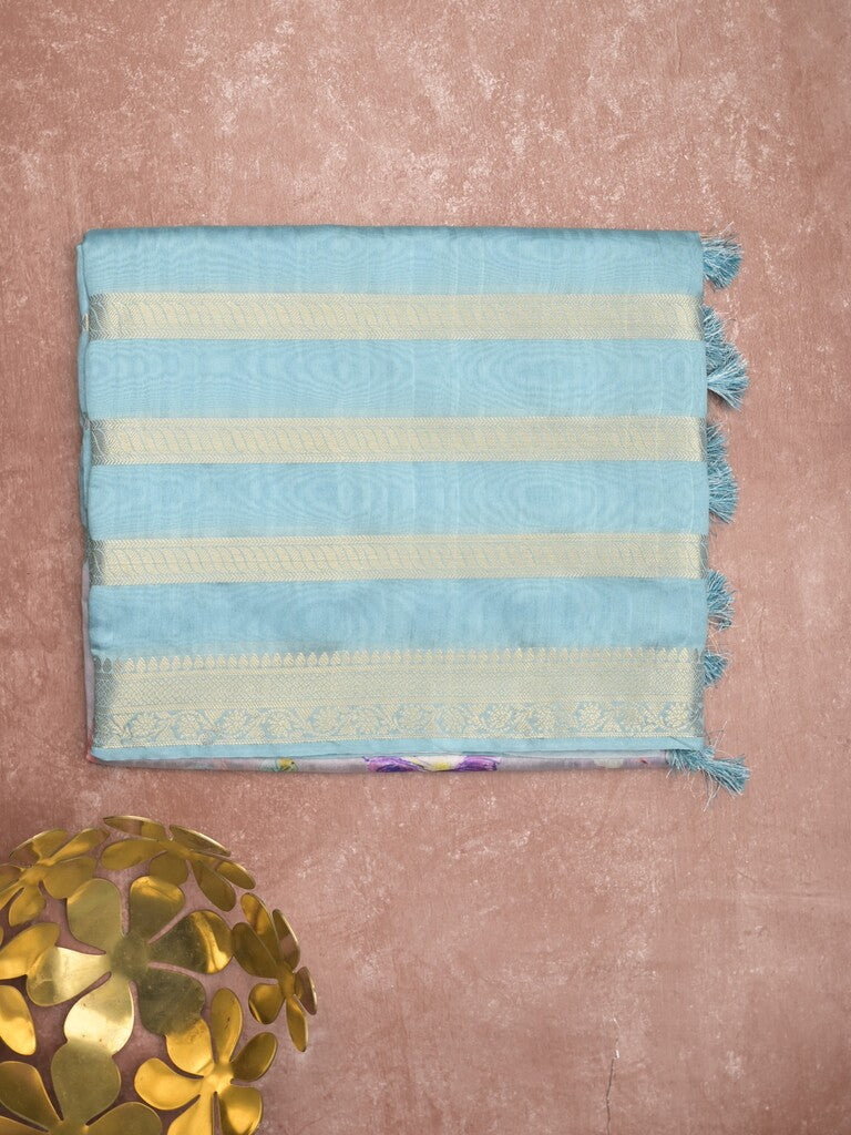 Chanderi fancy saree sky blue color allover prints & zari border with printed pallu and contrast blouse