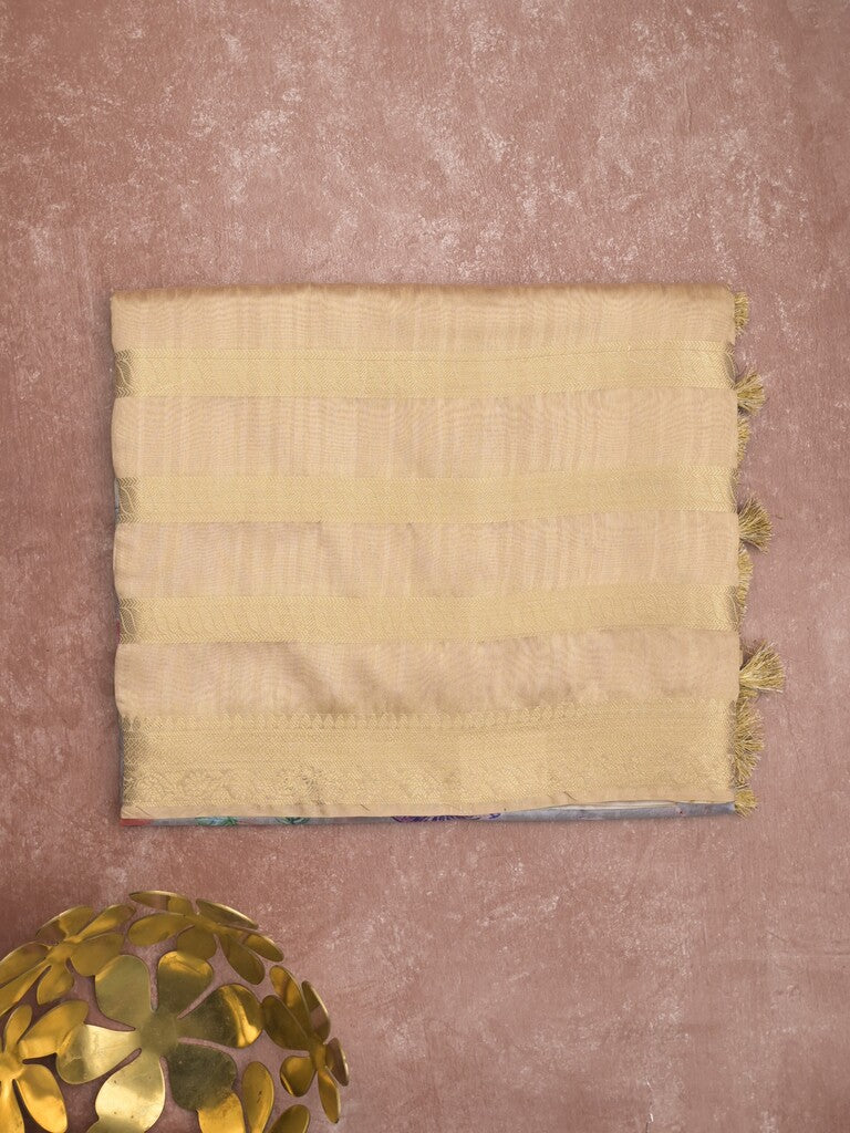 Chanderi fancy saree beige color allover prints & zari border with printed pallu and contrast blouse