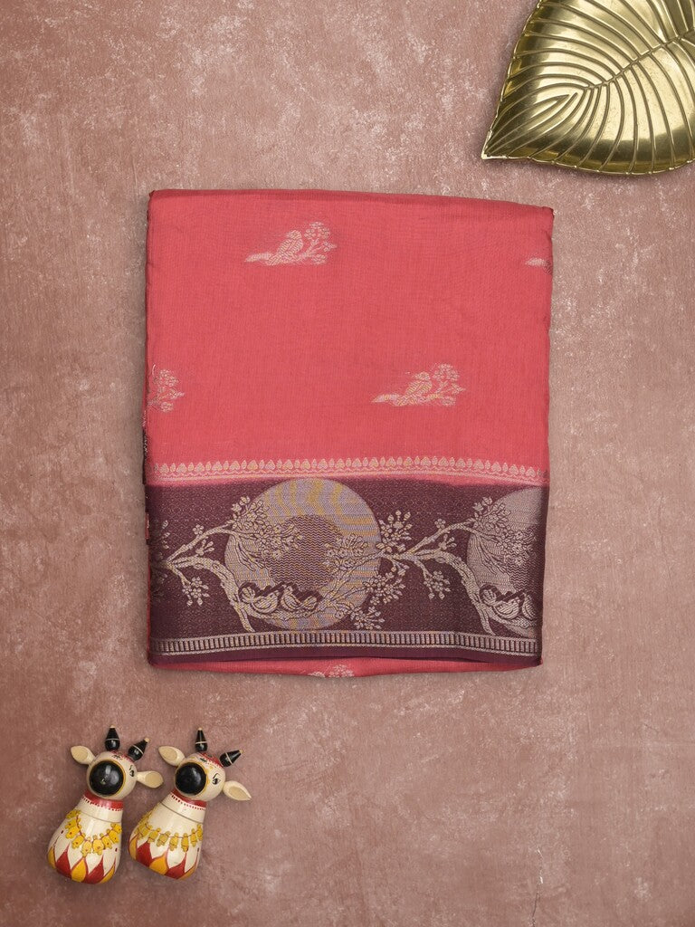 Tabby silk fancy saree coral pink color allover zari motifs & zari border with rich pallu and contrast blouse