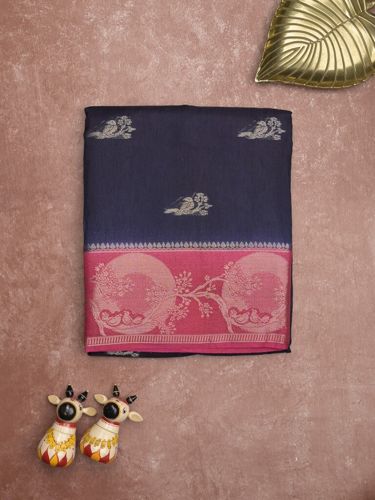 Tabby silk fancy saree navy blue color allover zari motifs & zari border with rich pallu and contrast blouse