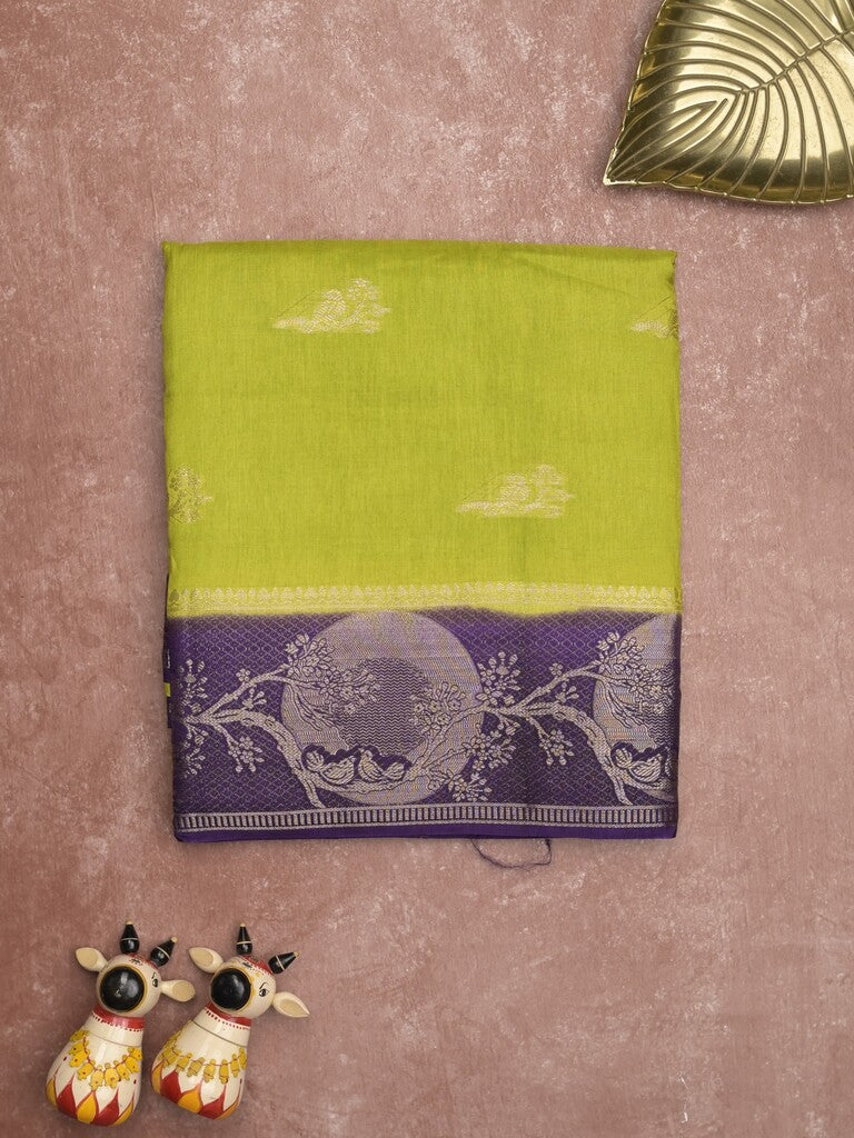Tabby silk fancy saree parrot green color allover zari motifs & zari border with rich pallu and contrast blouse