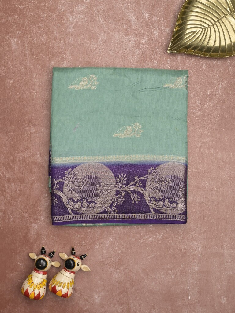 Tabby silk fancy saree sea blue color allover zari motifs & zari border with rich pallu and contrast blouse
