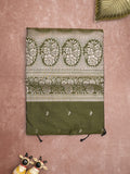Maheshwari fancy saree olive green color allover zari motifs & zari border with rich pallu and plain blouse