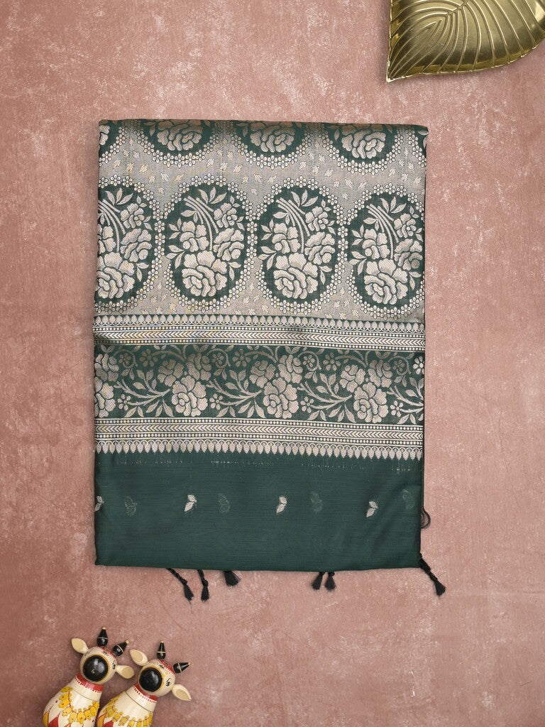 Maheshwari fancy saree dark green color allover zari motifs & zari border with rich pallu and plain blouse