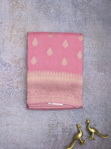 Tabby silk fancy saree light pink color allover zari motifs & zari border with rich pallu and plain blouse