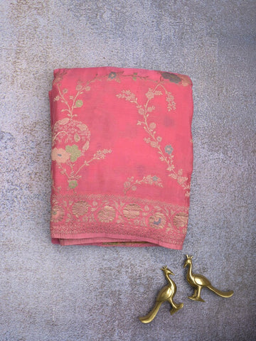 Chinnon fancy saree light pink color allover zari weaves & zari border with rich pallu and plain blouse