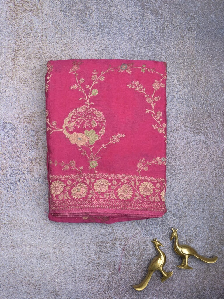 Chinnon fancy saree pink color allover zari weaves & zari border with rich pallu and plain blouse