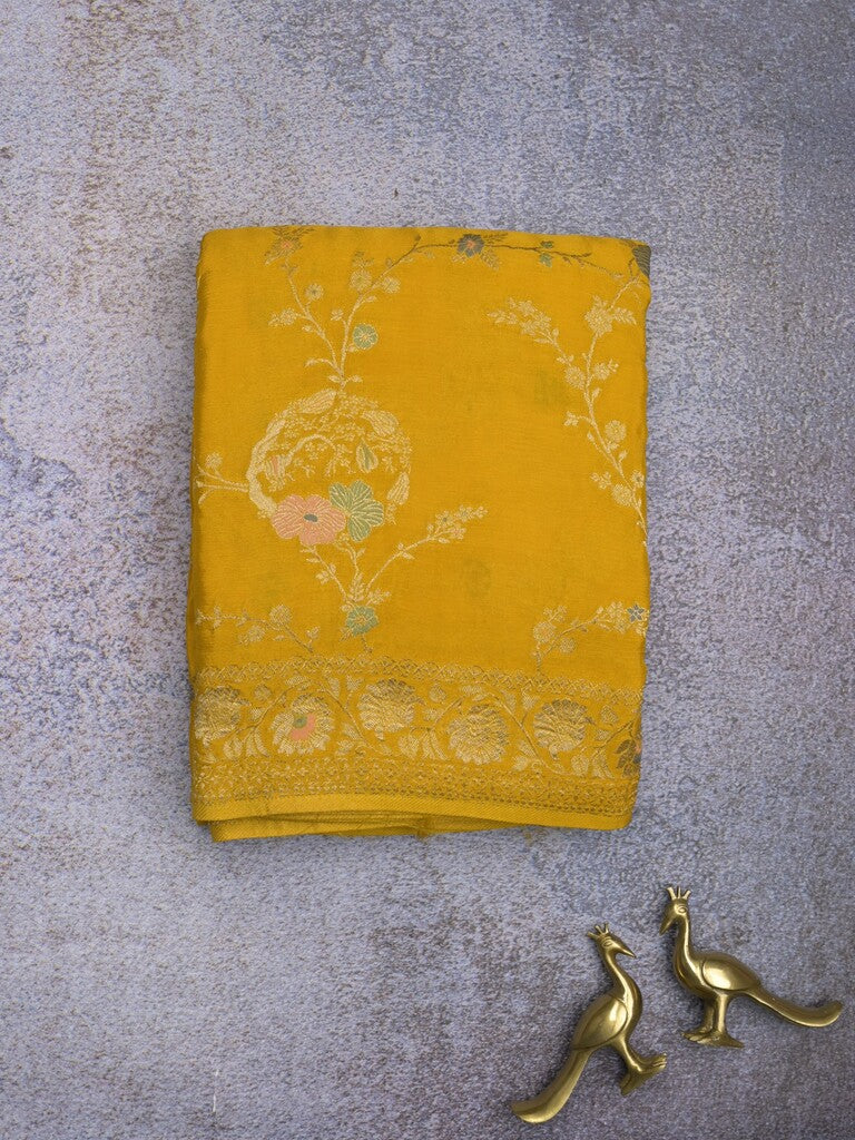 Chinnon fancy saree golden yellow color allover zari weaves & zari border with rich pallu and plain blouse