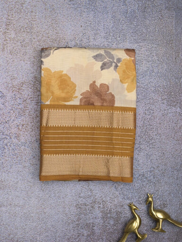 Maheshwari fancy saree white and mustard yellow color allover prints & zari border with contrast pallu and printed blouse