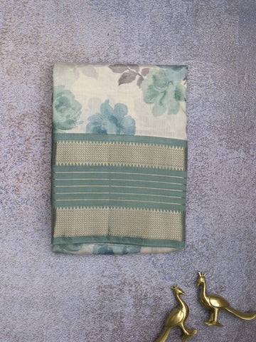Maheshwari fancy saree white and blue color allover prints & zari border with contrast pallu and printed blouse
