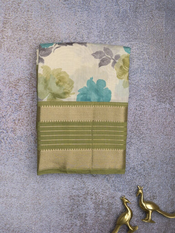 Maheshwari fancy saree white and olive green color allover prints & zari border with contrast pallu and printed blouse