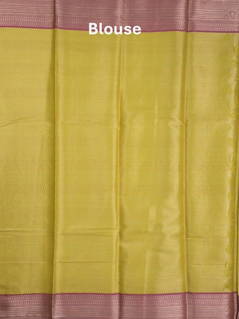 Banaras tissue fancy saree greenish yellow color allover weaves & zari border with running pallu and self blouse
