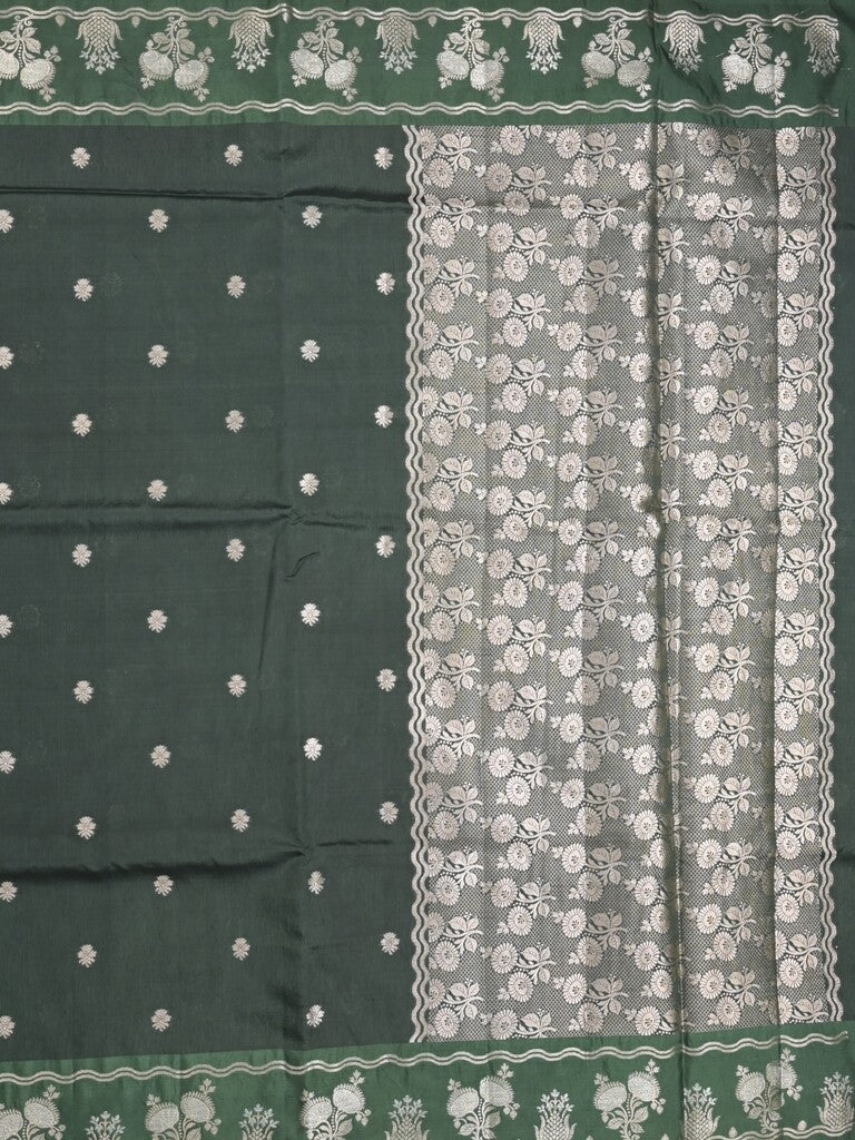 Raw mango fancy saree dark green color allover zari weaves & zari border with zari pallu and attached plain blouse