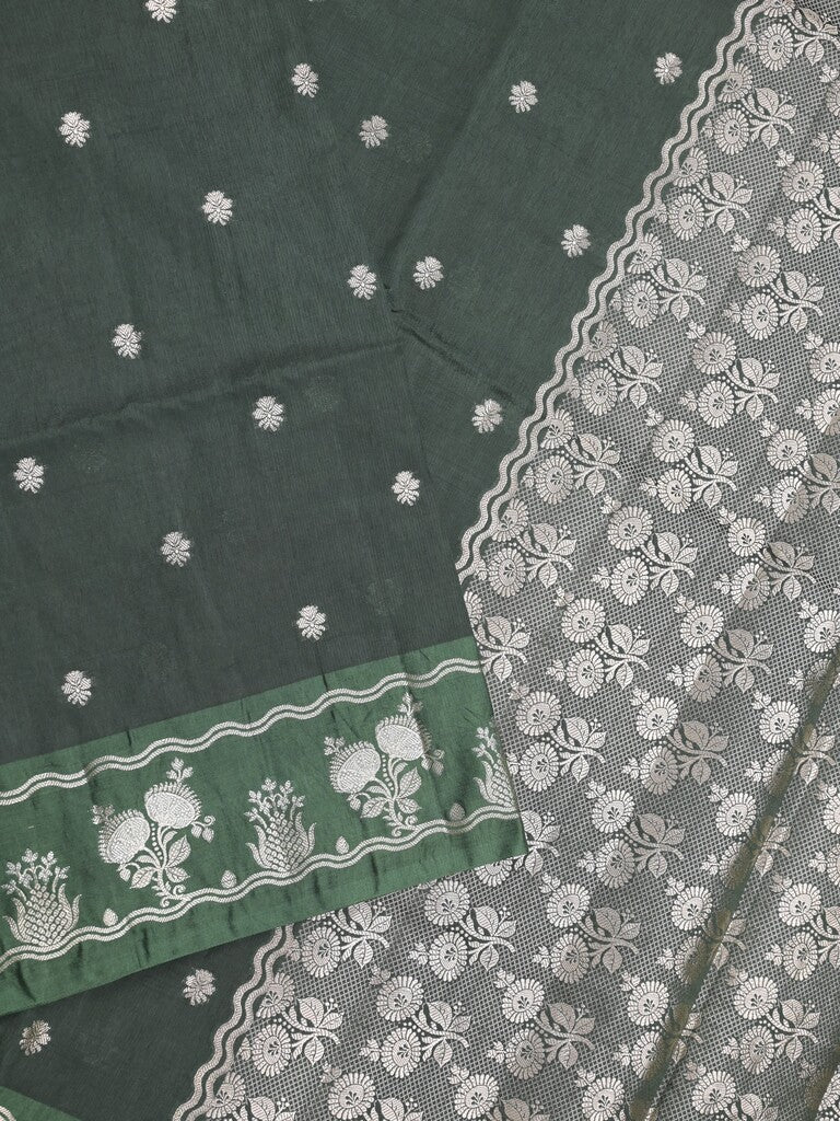 Raw mango fancy saree dark green color allover zari weaves & zari border with zari pallu and attached plain blouse