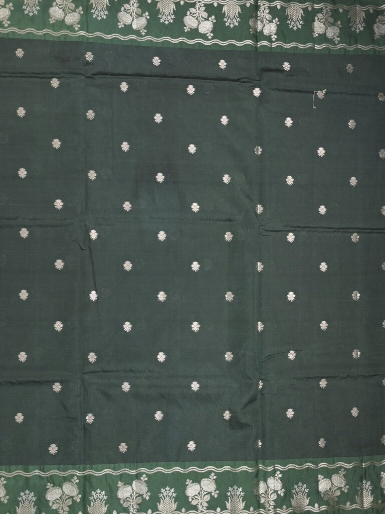 Raw mango fancy saree dark green color allover zari weaves & zari border with zari pallu and attached plain blouse