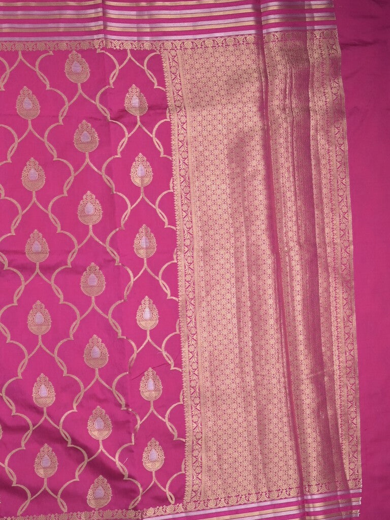 Raw mango fancy saree pink color allover zari weaves & zari border with brocade pallu and attached blouse