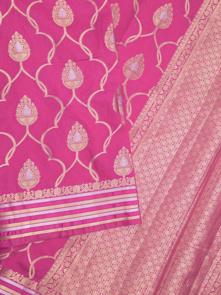 Raw mango fancy saree pink color allover zari weaves & zari border with brocade pallu and attached blouse