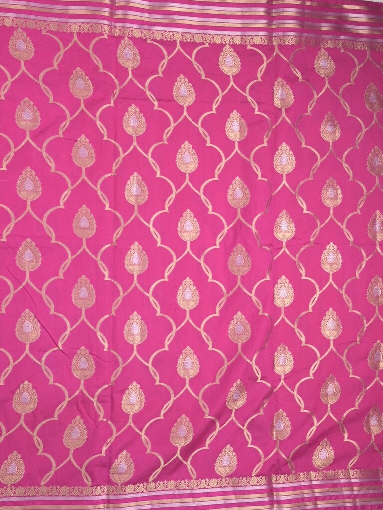 Raw mango fancy saree pink color allover zari weaves & zari border with brocade pallu and attached blouse