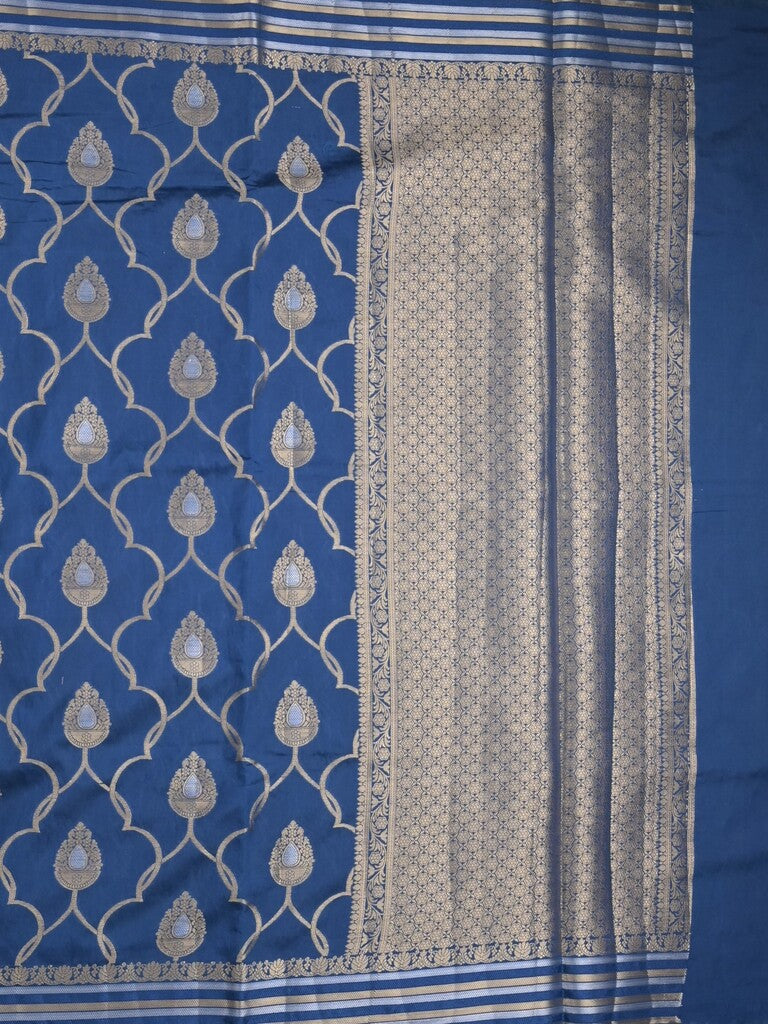 Raw mango fancy saree royal blue color allover zari weaves & zari border with brocade pallu and attached blouse