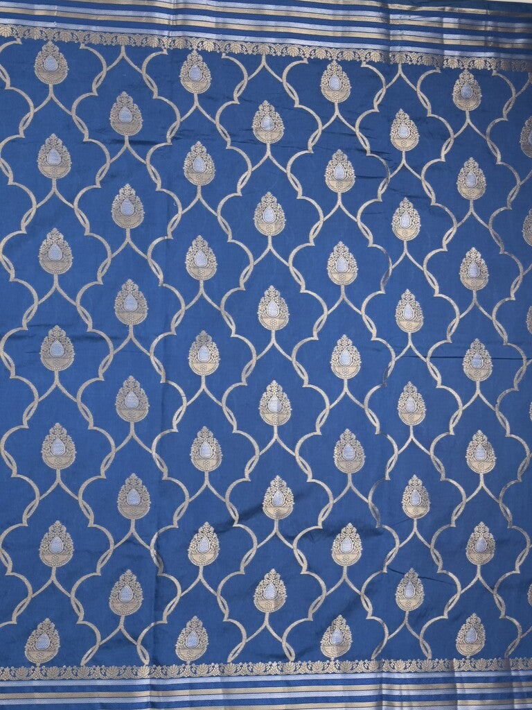 Raw mango fancy saree royal blue color allover zari weaves & zari border with brocade pallu and attached blouse