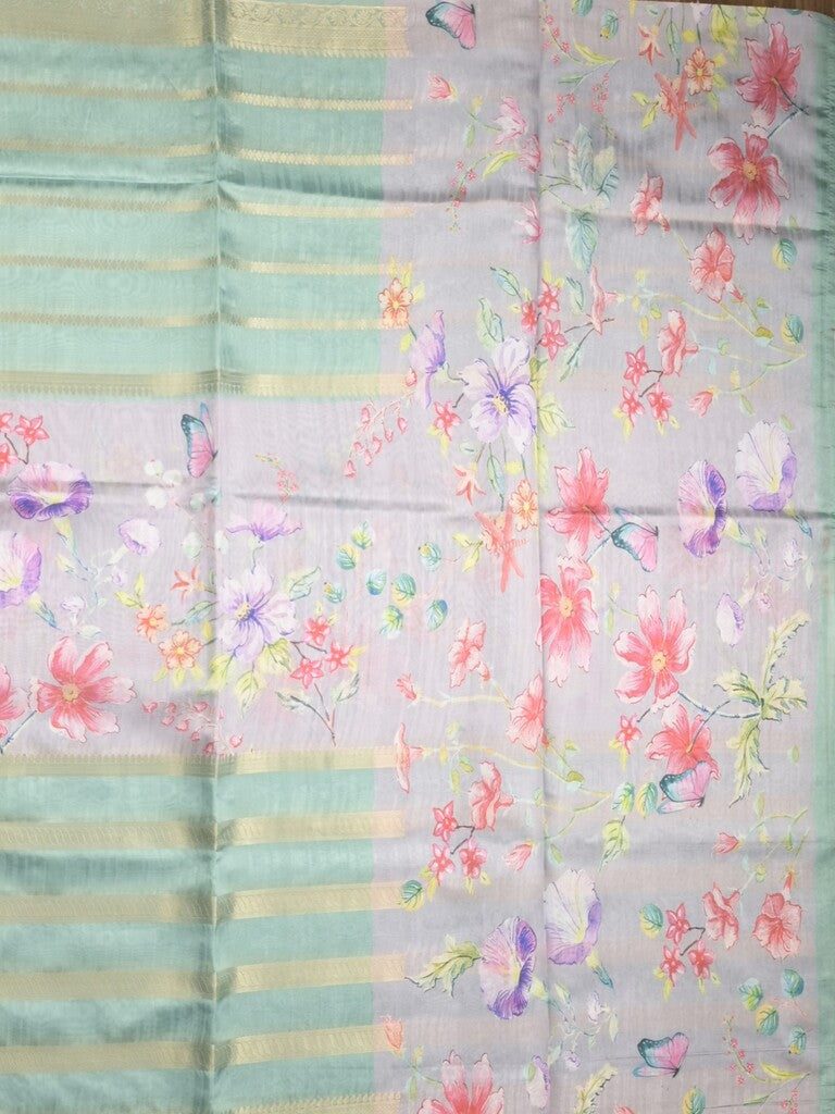 Chanderi fancy saree lux green color allover prints & zari border with printed pallu and contrast blouse