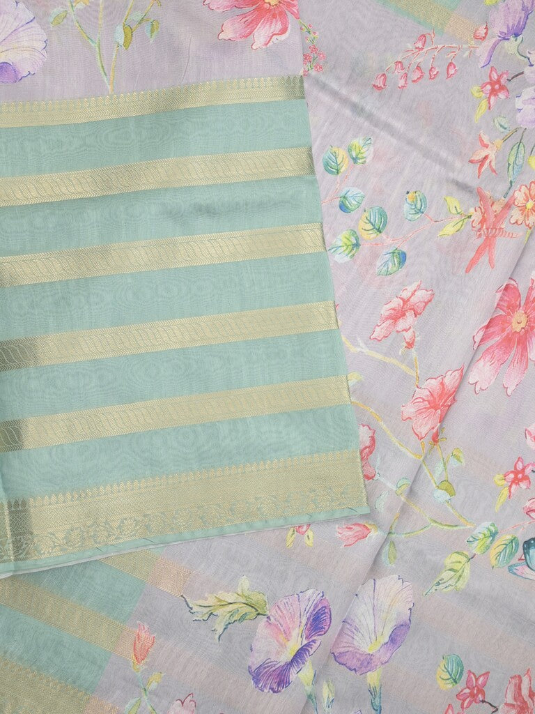 Chanderi fancy saree lux green color allover prints & zari border with printed pallu and contrast blouse