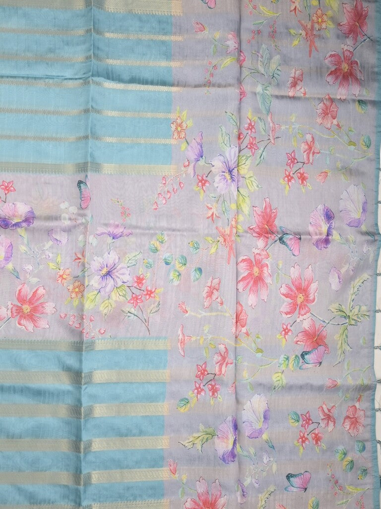 Chanderi fancy saree sky blue color allover prints & zari border with printed pallu and contrast blouse