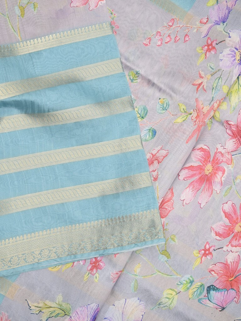 Chanderi fancy saree sky blue color allover prints & zari border with printed pallu and contrast blouse