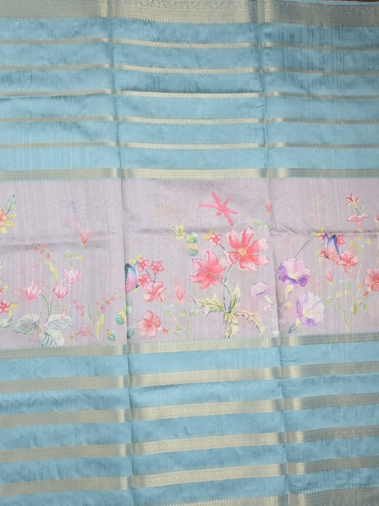 Chanderi fancy saree sky blue color allover prints & zari border with printed pallu and contrast blouse