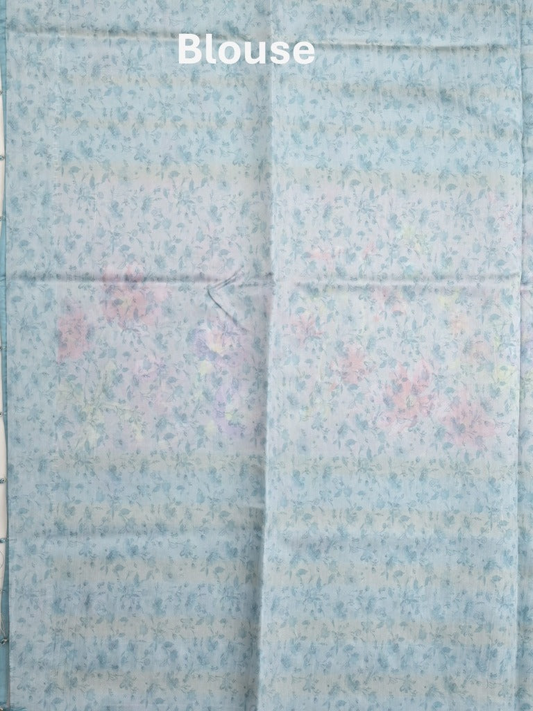 Chanderi fancy saree sky blue color allover prints & zari border with printed pallu and contrast blouse