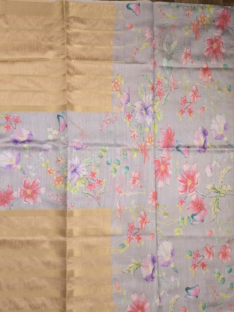 Chanderi fancy saree beige color allover prints & zari border with printed pallu and contrast blouse