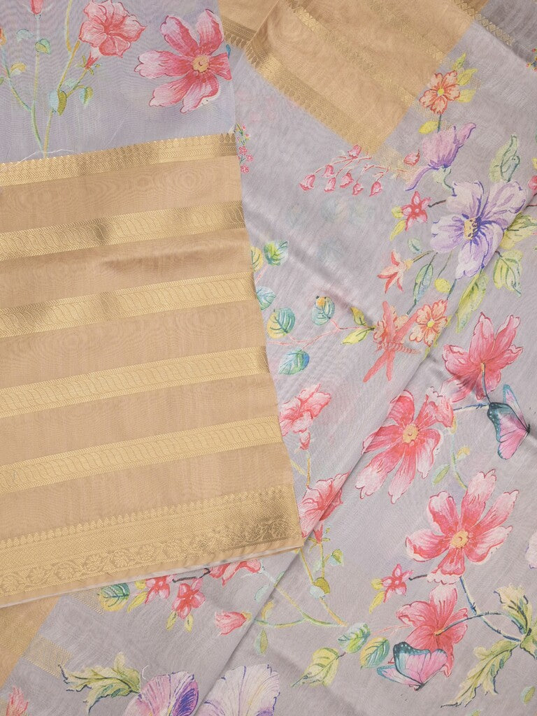 Chanderi fancy saree beige color allover prints & zari border with printed pallu and contrast blouse