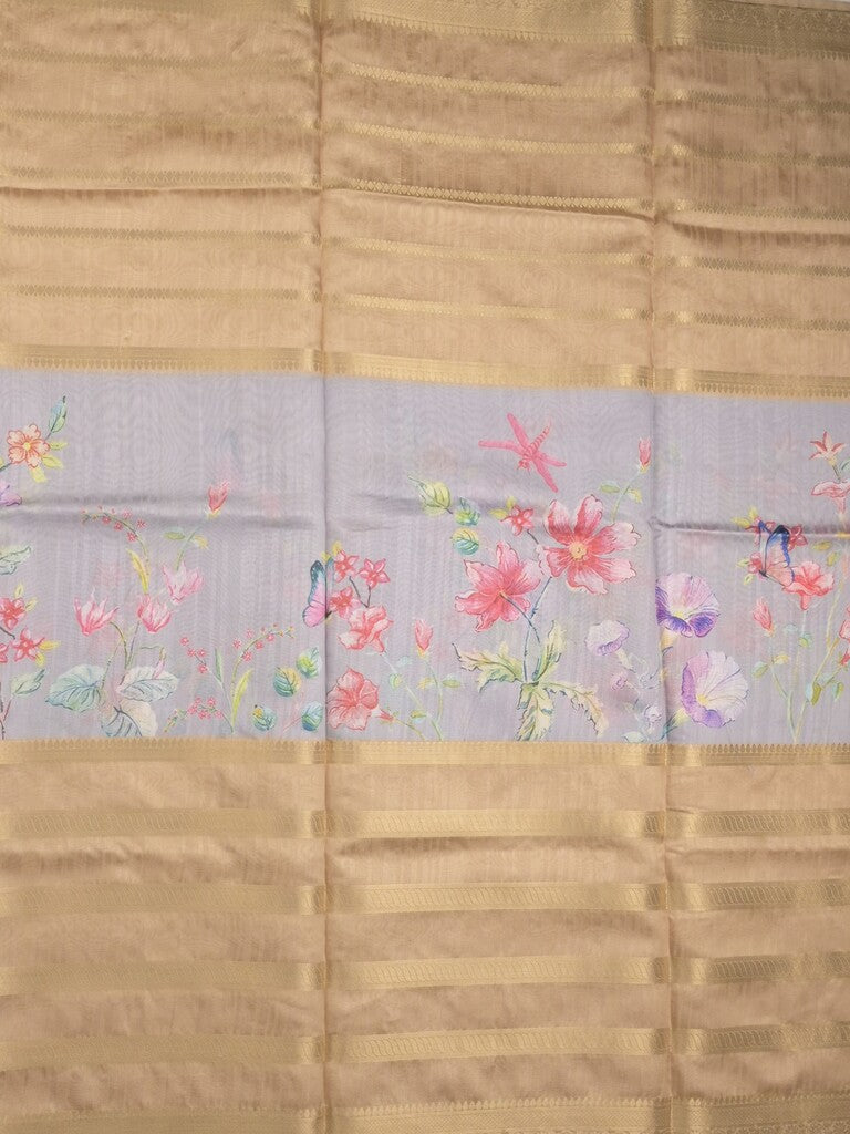 Chanderi fancy saree beige color allover prints & zari border with printed pallu and contrast blouse
