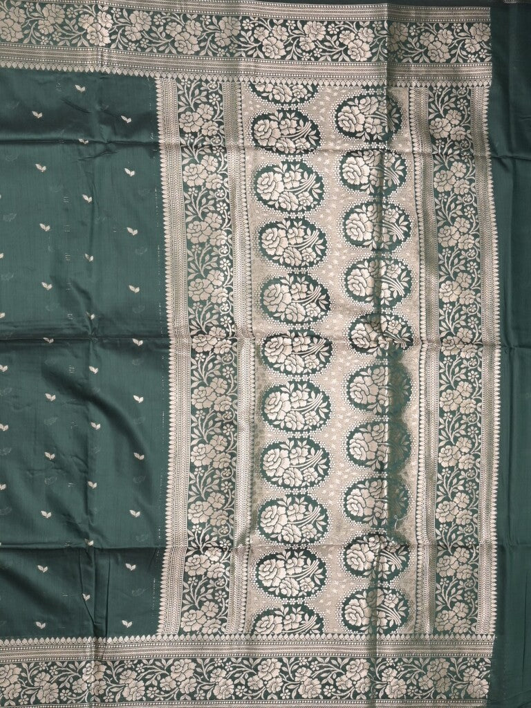 Maheshwari fancy saree dark green color allover zari motifs & zari border with rich pallu and plain blouse