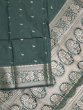 Maheshwari fancy saree dark green color allover zari motifs & zari border with rich pallu and plain blouse