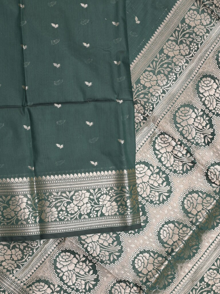 Maheshwari fancy saree dark green color allover zari motifs & zari border with rich pallu and plain blouse