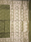 Maheshwari fancy saree olive green color allover zari motifs & zari border with rich pallu and plain blouse