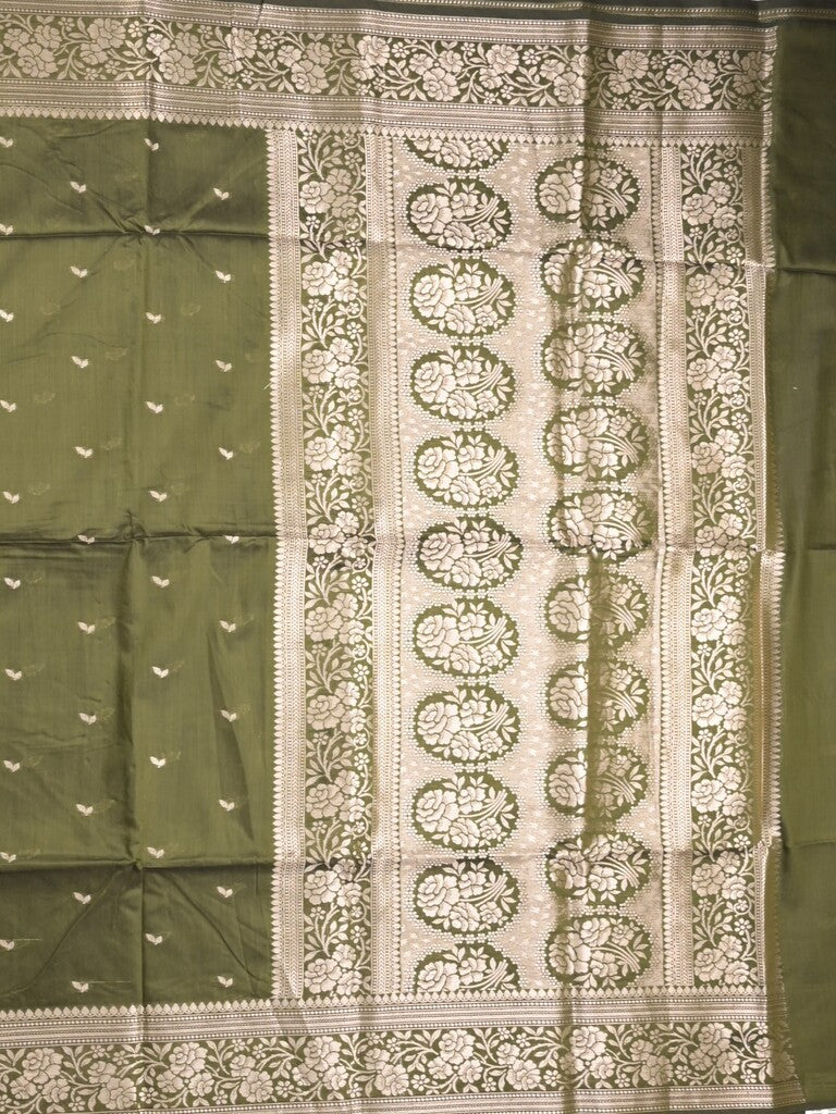 Maheshwari fancy saree olive green color allover zari motifs & zari border with rich pallu and plain blouse