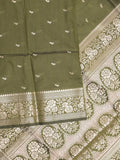 Maheshwari fancy saree olive green color allover zari motifs & zari border with rich pallu and plain blouse