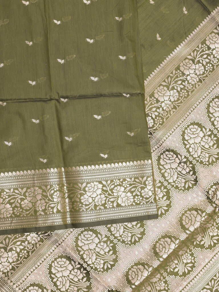 Maheshwari fancy saree olive green color allover zari motifs & zari border with rich pallu and plain blouse