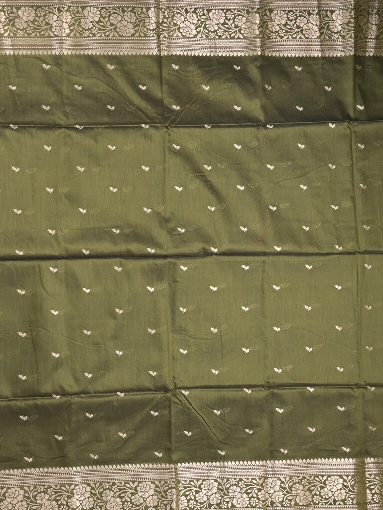Maheshwari fancy saree olive green color allover zari motifs & zari border with rich pallu and plain blouse