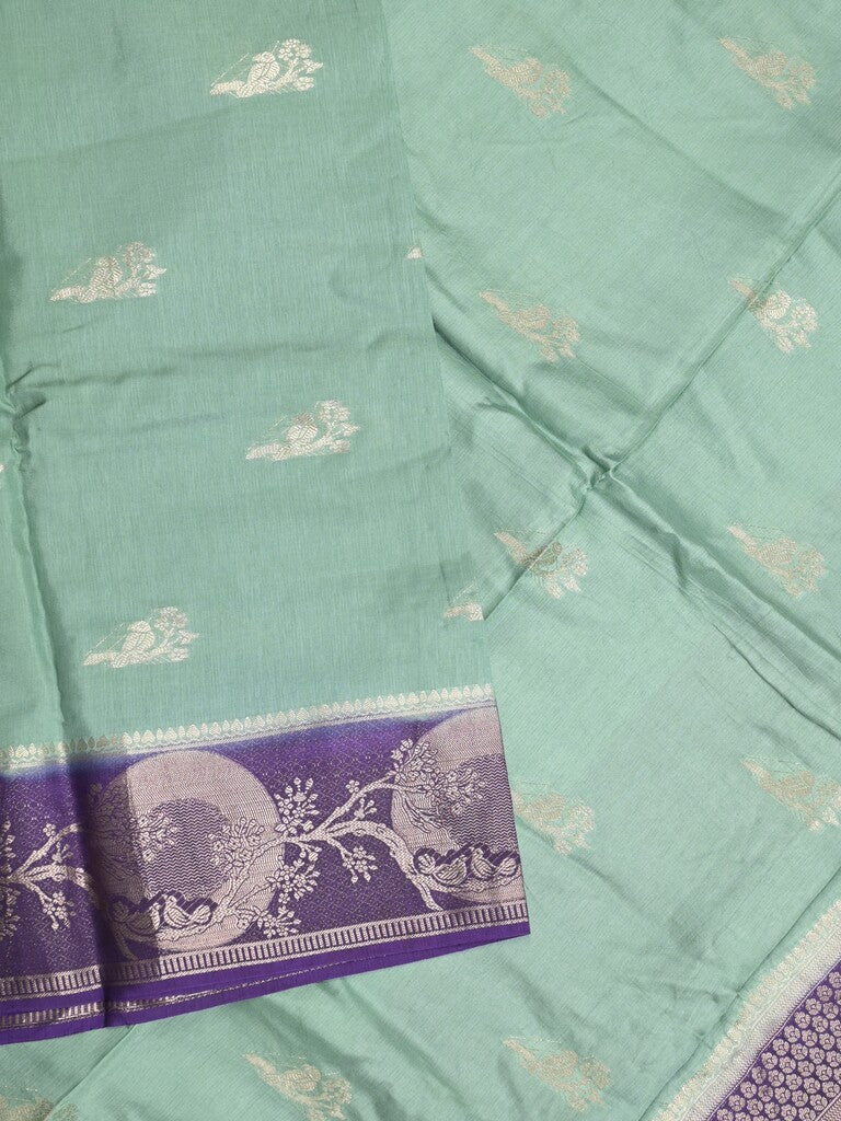Tabby silk fancy saree sea blue color allover zari motifs & zari border with rich pallu and contrast blouse