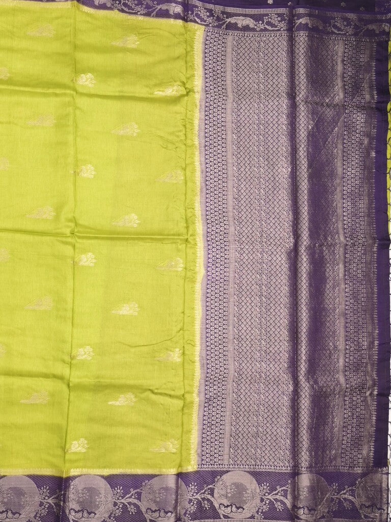 Tabby silk fancy saree parrot green color allover zari motifs & zari border with rich pallu and contrast blouse