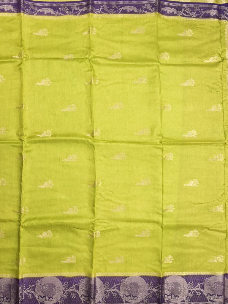 Tabby silk fancy saree parrot green color allover zari motifs & zari border with rich pallu and contrast blouse